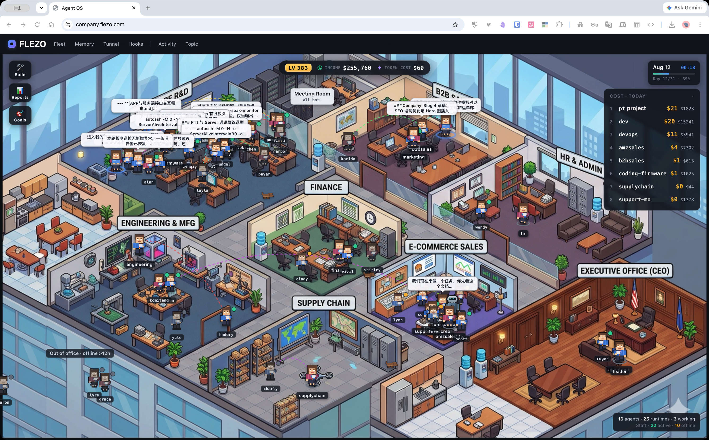 FLEZO workspace showing people and AI agents collaborating across company departments